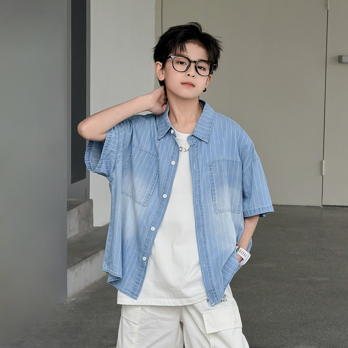 男童夏季条纹牛仔短袖衬衫外套