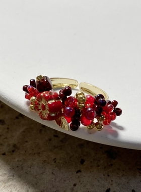 捷克琉璃毕加索复古红色花朵手工串珠开口戒指 指环 原创小众设计