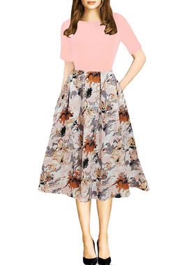 欧美气质职业拼接花色圆领五分袖大摆女装连衣裙带口袋