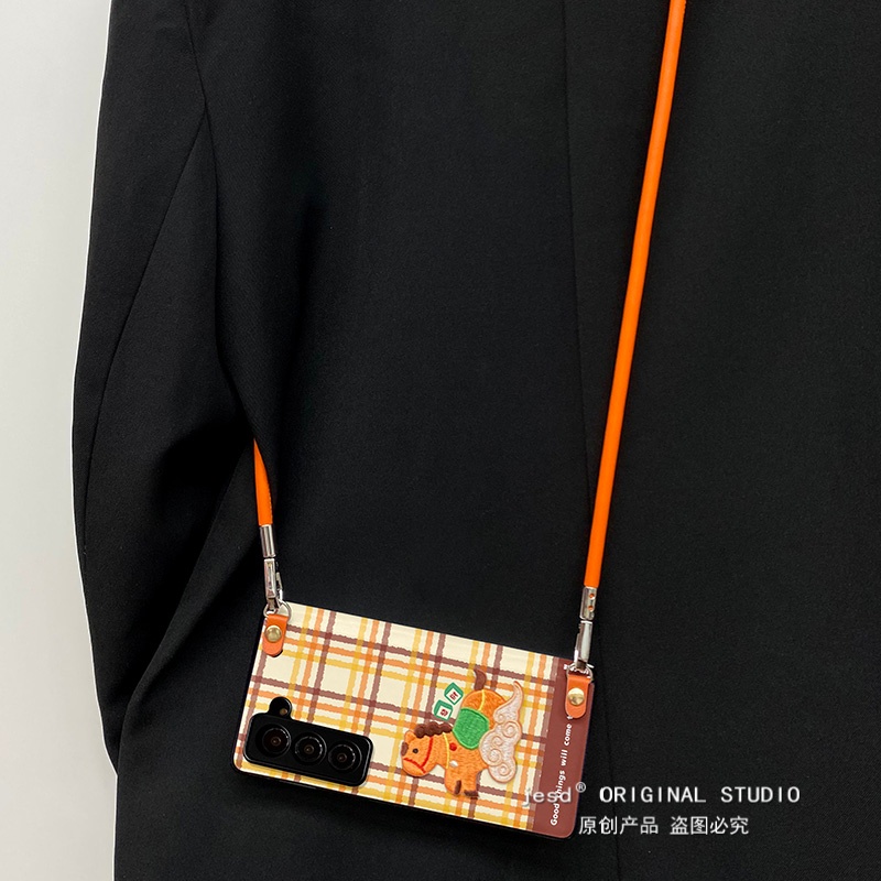 黄条纹格子适用于三星ZFold5手机壳ZFOLD6折叠屏zfold5/6/7中轴全包防摔W25刺绣小马保护套