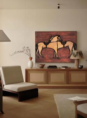 常玉SANYU上鞍双马 纯手绘油画艺术中古風沙发挂画客厅巨幅装饰画