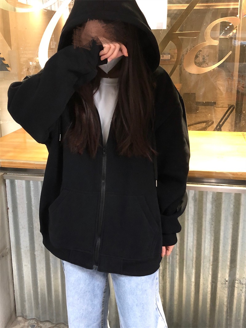 黑色开衫拉链卫衣女春秋款连帽2022新款潮ins白色外套纯色上衣冬