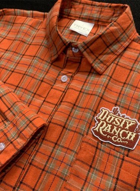 独特超好看的潮牌刺绣格子衬衫女宽松长袖橙色衬衣韩系复古风上衣