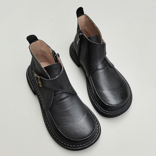 真皮纯皮女短靴大头宽版外贸高帮单鞋头层牛皮厚底休闲工装小皮靴