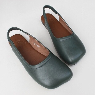 夏季外贸真皮方头舒适凉鞋平跟软底包头原单头层牛皮手作凉鞋女鞋