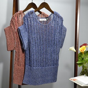 外贸圆领花式纱线短袖衫套头网状镂空针织衫清仓尾货宽松百搭上衣