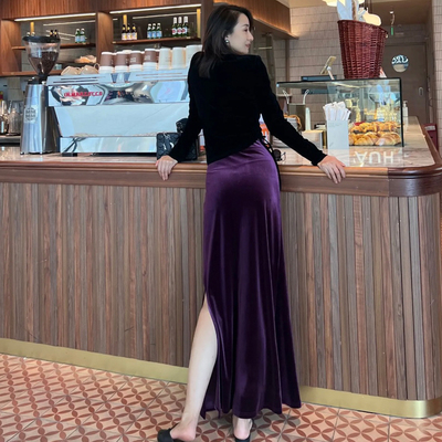 高级感丝绒半身裙修身开叉鱼尾裙