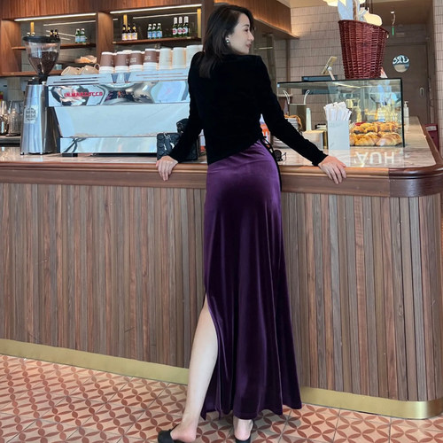 高级感丝绒半身裙修身开叉鱼尾裙