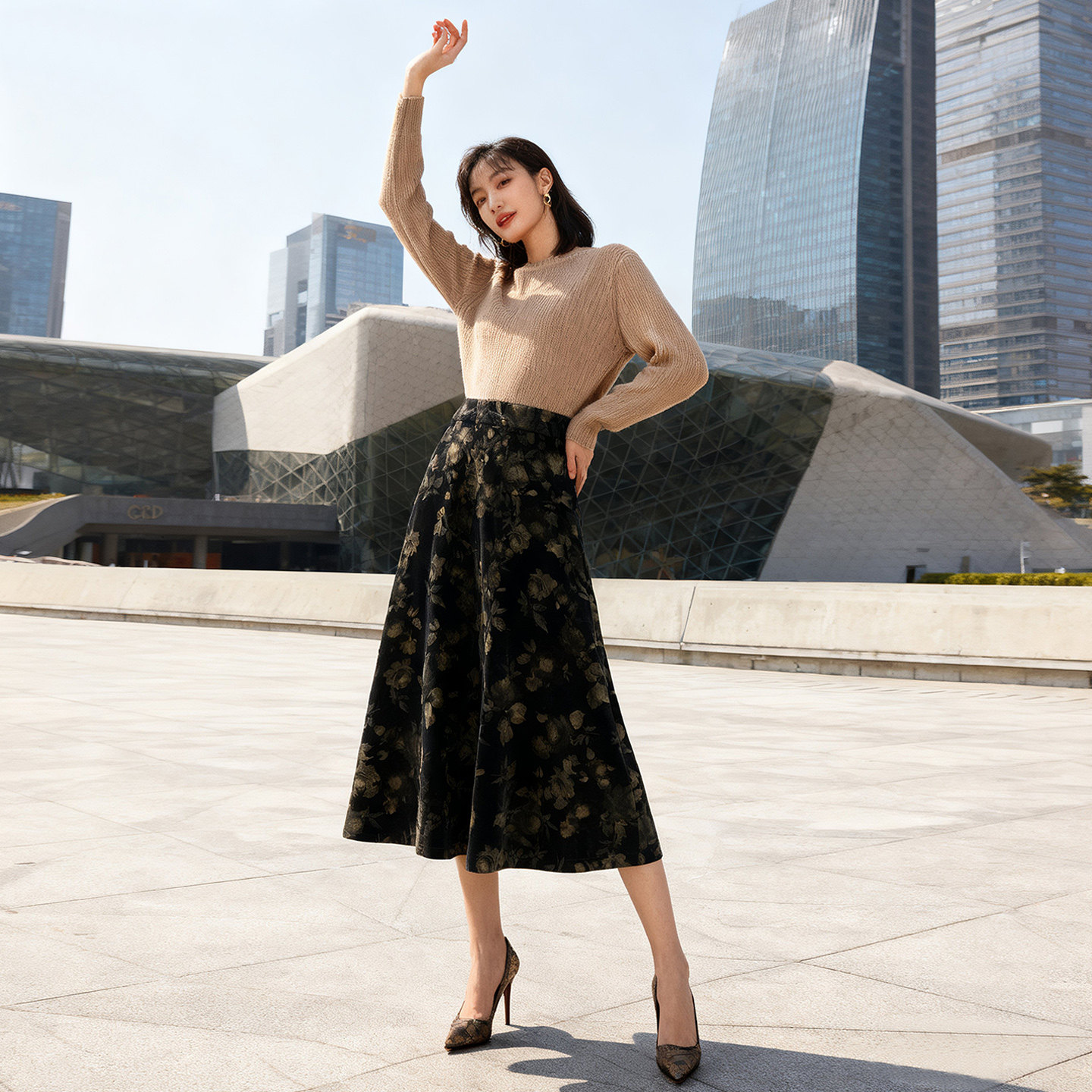 高定烫金丝绒半身裙中长款