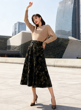 高定烫金丝绒半身裙秋冬季半松紧腰中长款定制款烫金丝绒a字半裙