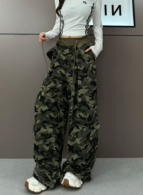 潮范迷彩工装裤女又酷又飒高腰阔腿休闲裤美式复古宽松直筒拖地裤