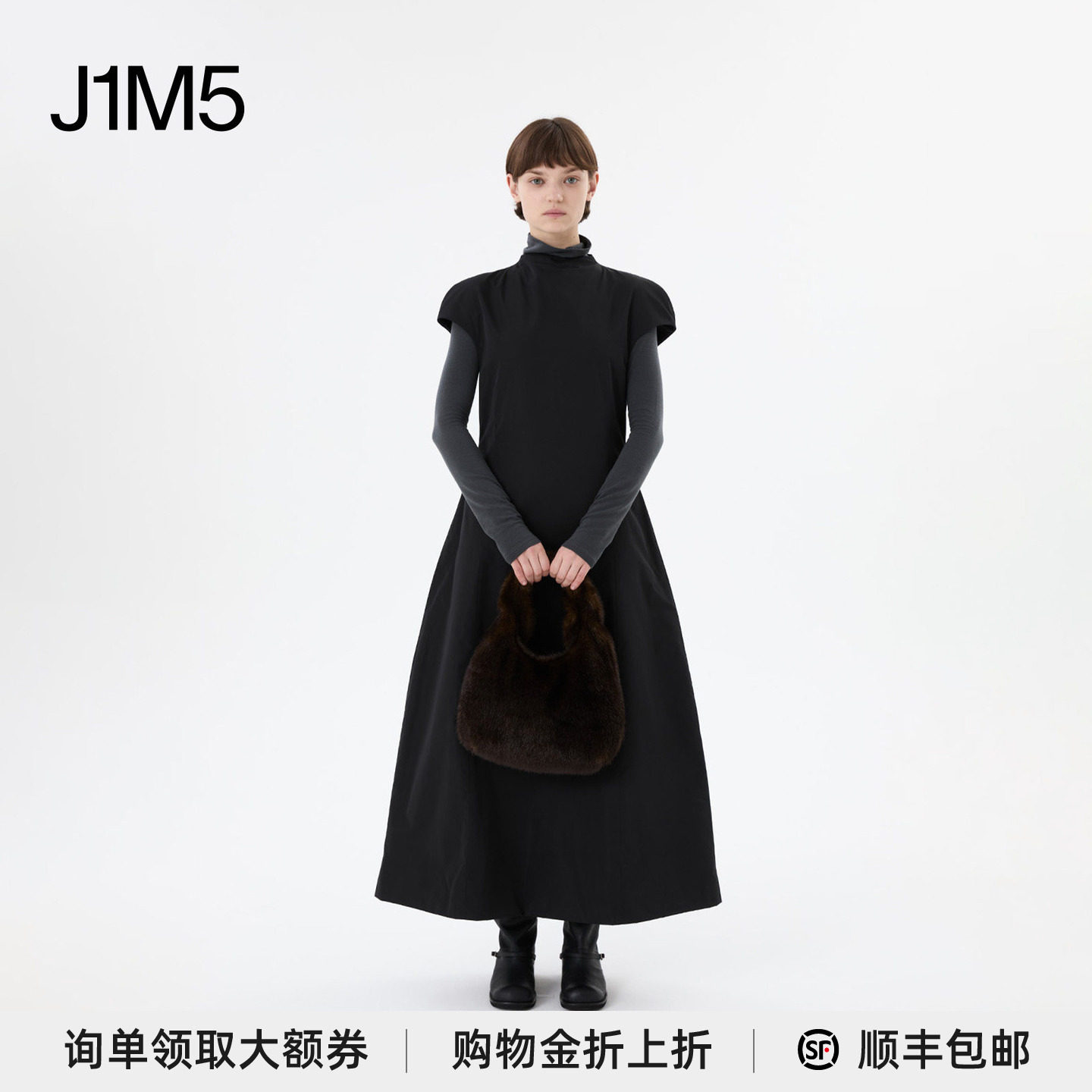 塔夫绸立领短袖连衣裙图片