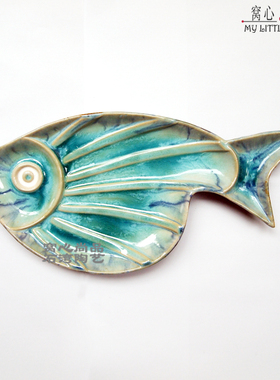 蓝色窑变鱼地中海简约现代陶瓷家居装饰品墙面壁饰客厅艺术品创意