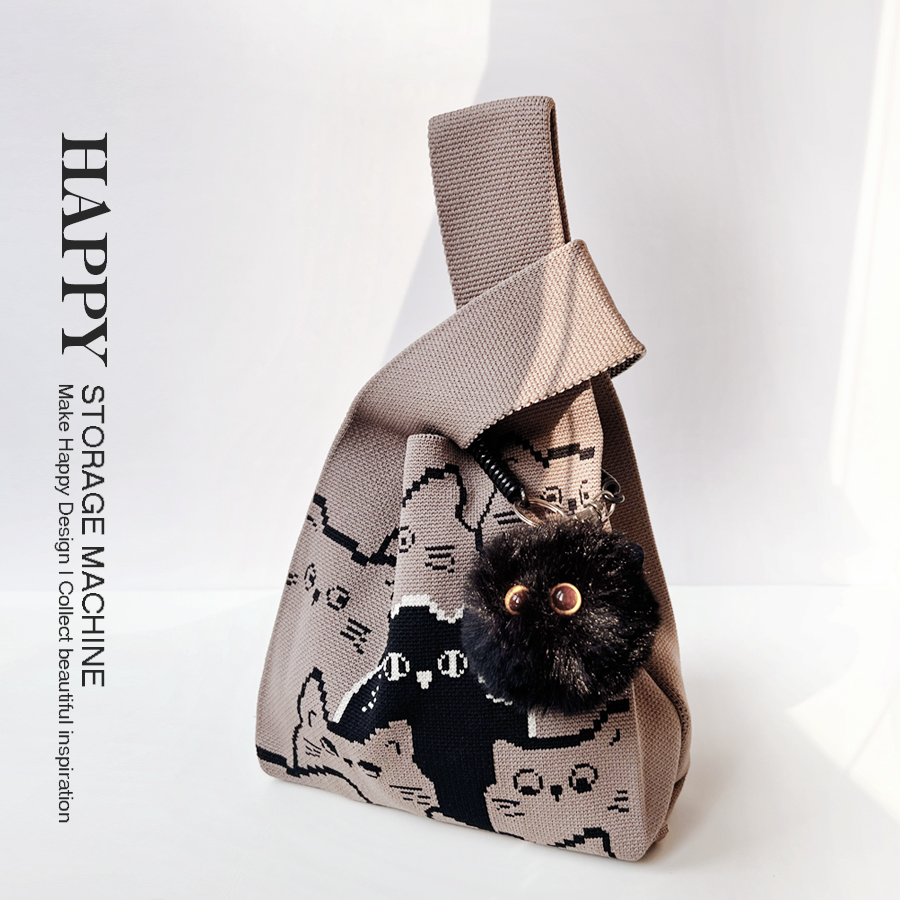 HAPPY原创可爱毛绒小黑猫挂件针织包通勤百搭礼物少女编织手腕包