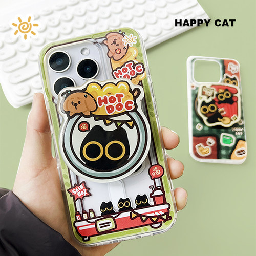 HAPPY 原创可爱摆摊小黑猫磁吸壳M记透明磁吸手机壳适用iPhone16promax苹果16/15/14/13