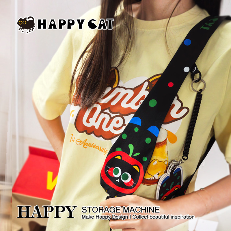 HAPPY平安果小黑猫手机挂绳斜跨绳可调节女生精致可爱防丢手机链