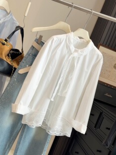 蕾丝绑带长袖 女春秋宽松刺绣镂空叠穿衬衣百搭气质纯色上衣 衬衫