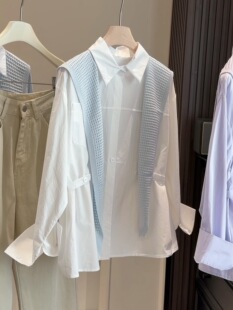 上衣 配针织披肩两件套女春秋宽松显瘦休闲百搭时尚 长袖 翻领衬衫