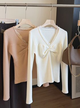 设计感蕾丝拼接套头针织衫女秋冬假两件内搭打底衫修身显瘦短上衣