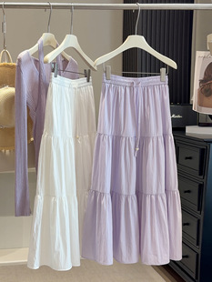 春夏女装拼接蛋糕裙松紧腰中长款垂坠感显瘦纯色半身裙百搭下装