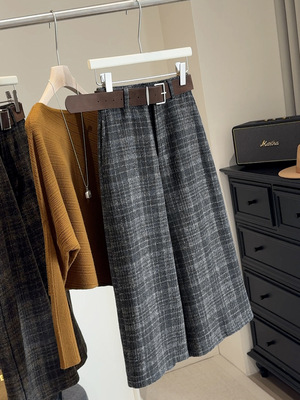 复古毛呢格子高腰休闲裤女秋冬宽松显瘦百搭八分阔腿裤垂坠下装