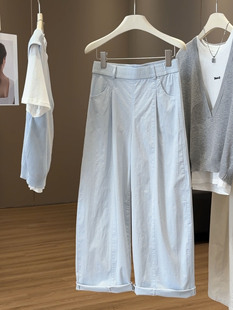 春夏女装休闲裤松紧高腰宽松百搭直筒阔腿裤九分裤子纯色下装