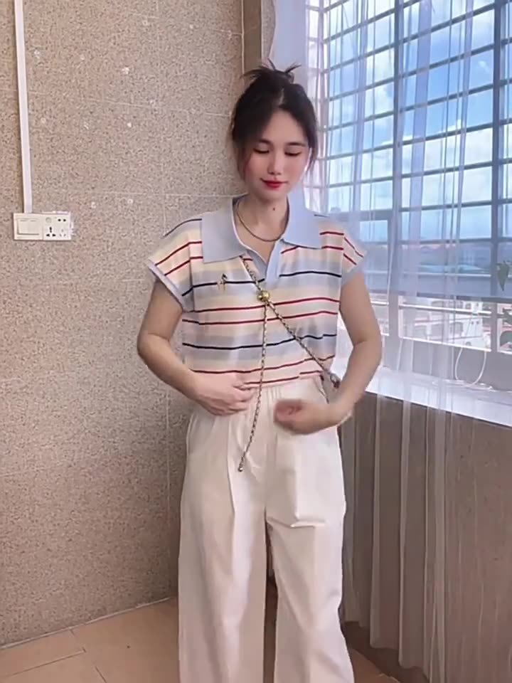 夏季女装条纹刺绣短袖t恤休闲简约针织polo衫宽松显瘦百搭上衣