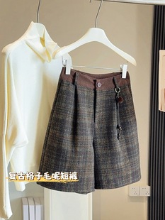 休闲下装 格子毛呢五分裤 打底中裤 百搭宽松显瘦外穿靴裤 女秋冬时尚