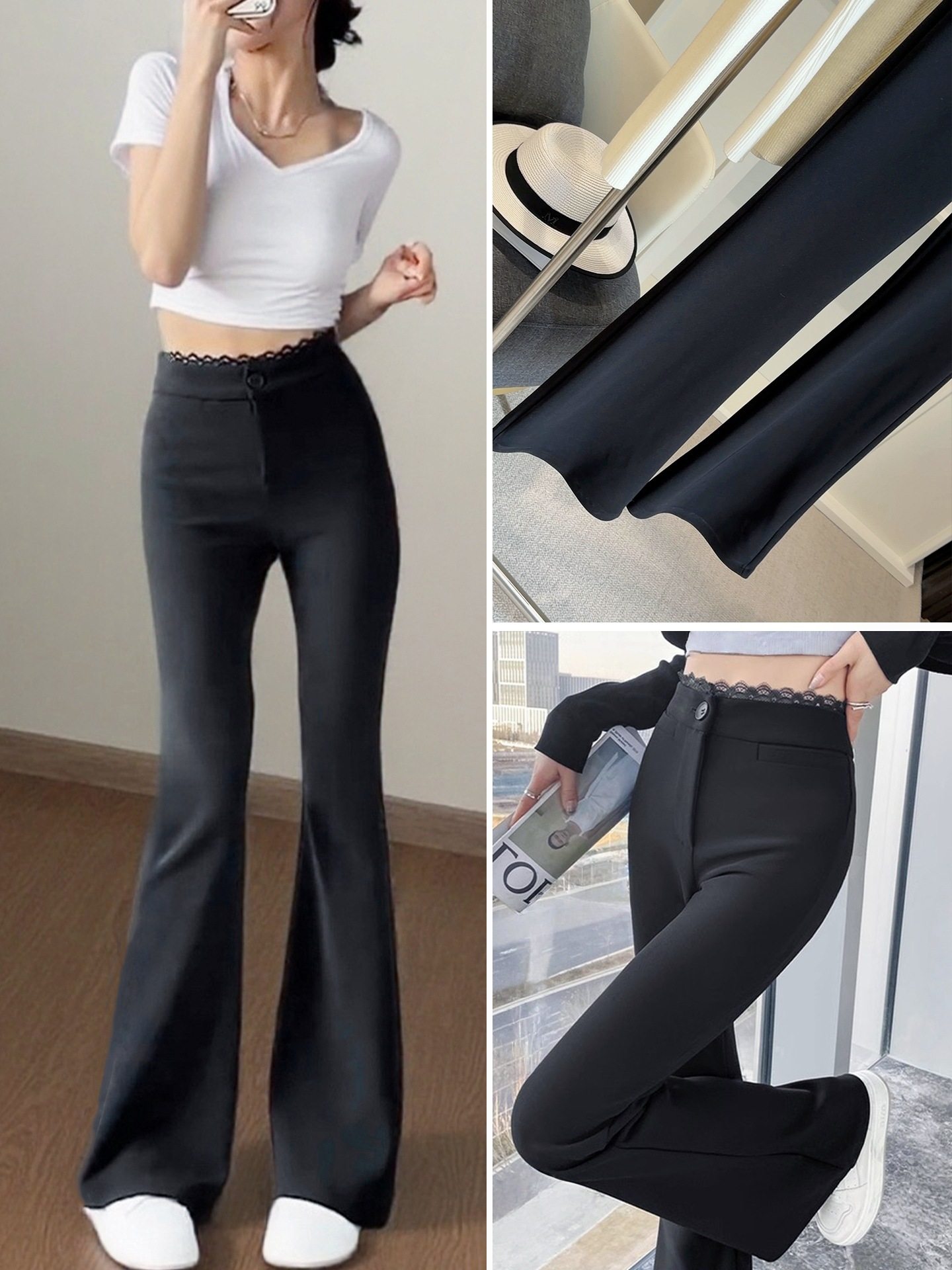 高腰弹力蕾丝花边微喇裤女春秋修身显瘦垂坠感休闲马蹄裤喇叭长裤