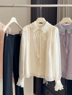 时尚气质蕾丝翻领星空纱泡泡袖衬衫女春秋内搭长袖纯色打底上衣