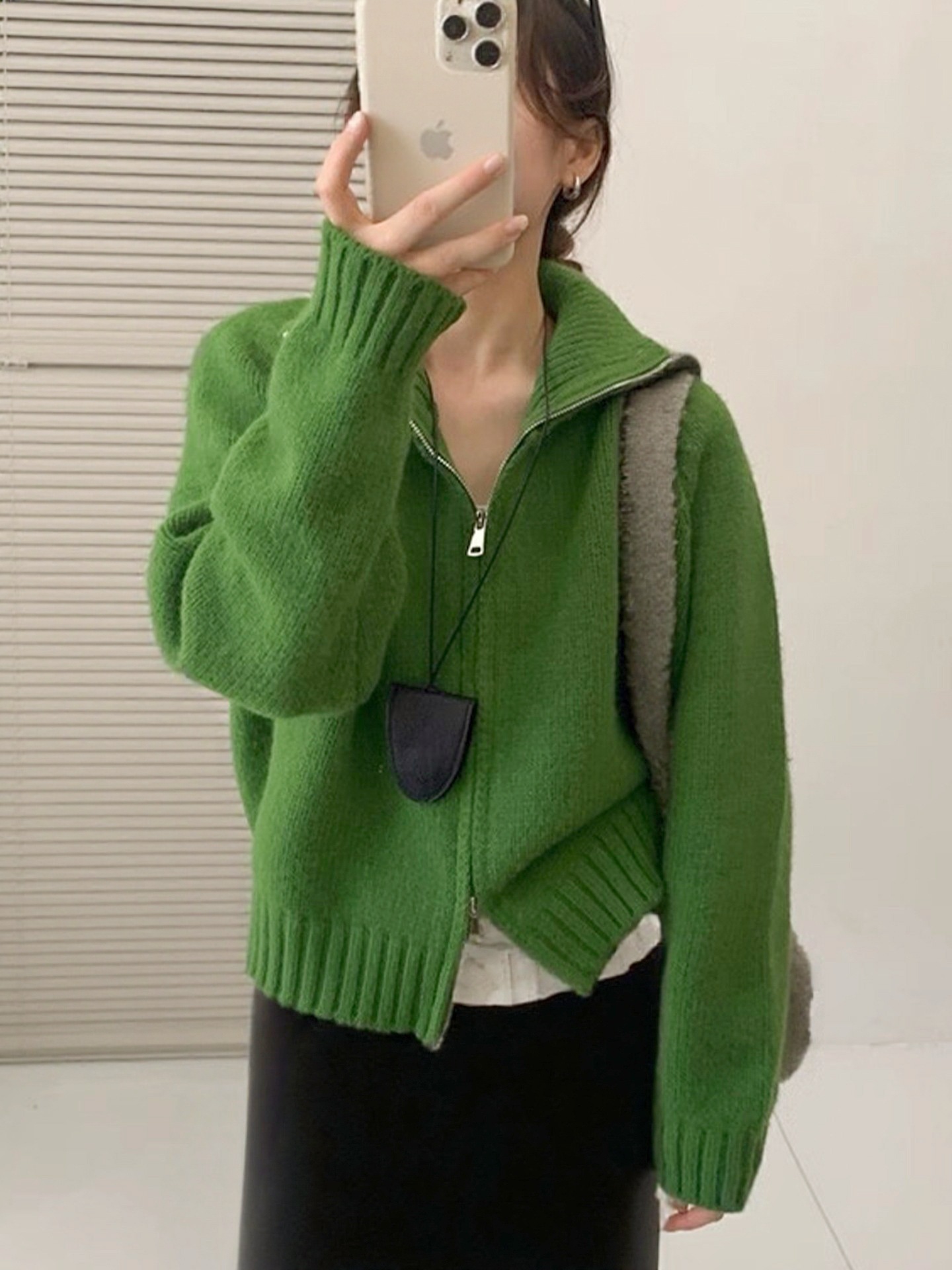 双拉链毛衣外套女秋冬简约慵懒风宽松显瘦毛针织开衫纯色打底上衣