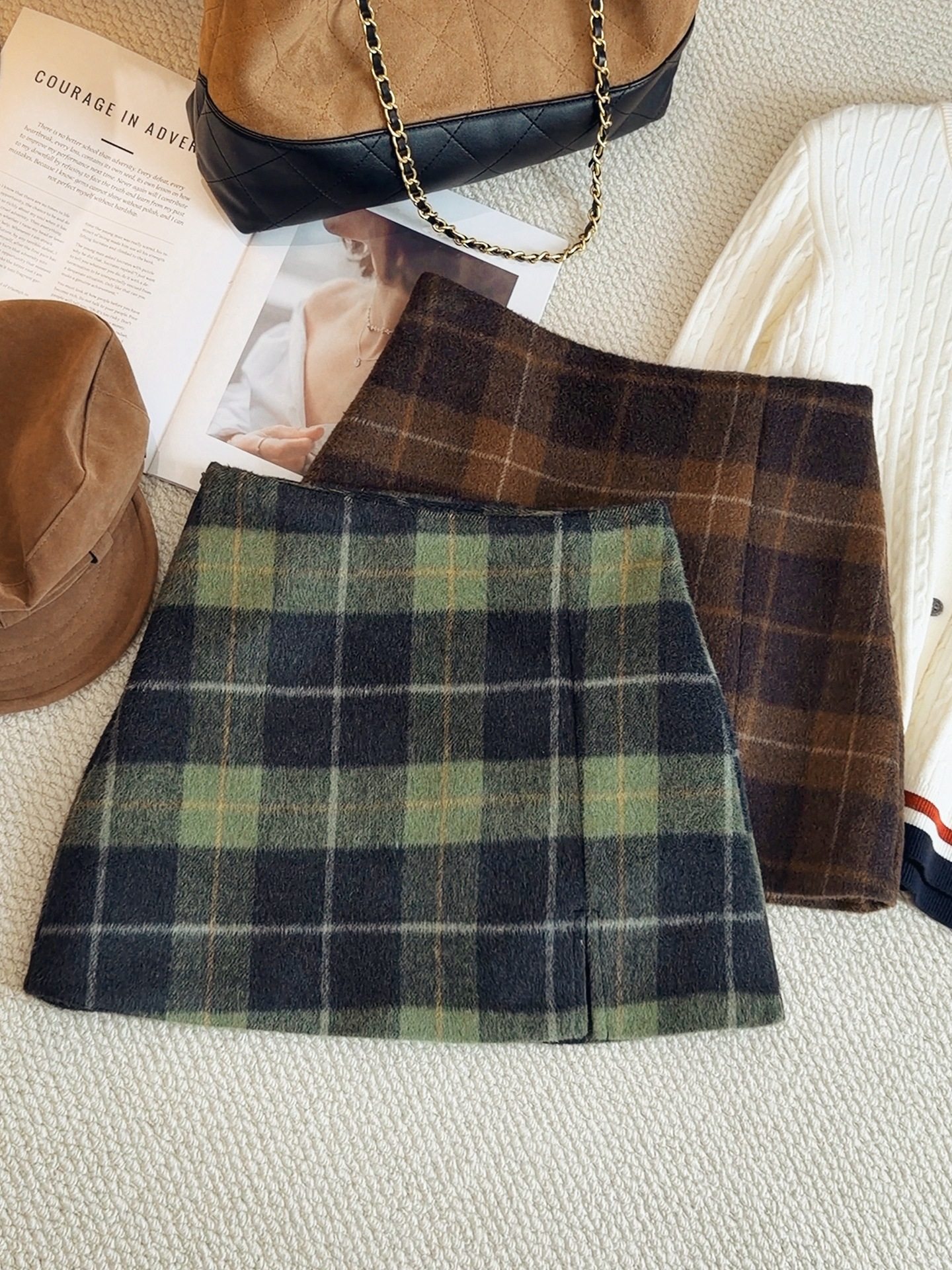 撞色毛呢格子短裙女秋冬高腰前开叉修身显瘦打底包臀半身裙子下装