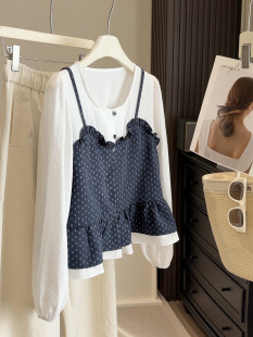 百搭宽松显瘦娃娃衫 叠穿两件套装 衬衫 假两件碎花吊带配纯色长袖