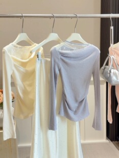 纯欲蕾丝拼接褶皱长袖荡领针织衫女春秋修身显瘦套头纯色打底衫