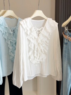 春夏减龄纯色宽松显瘦百搭衬衣 薄款 甜美V领系带荷叶边长袖 衬衫