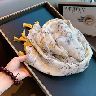 丝巾女春夏韩版百搭薄纱巾遮阳包头巾围巾蝴蝶印花沙滩巾防晒披肩