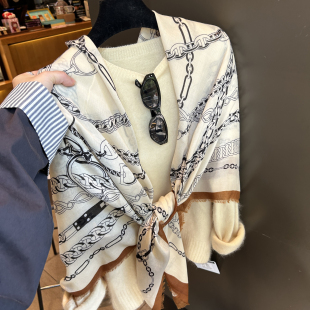 春季韩版新款围巾链条印花装饰纱巾出游海边披肩沙滩巾丝巾大方巾