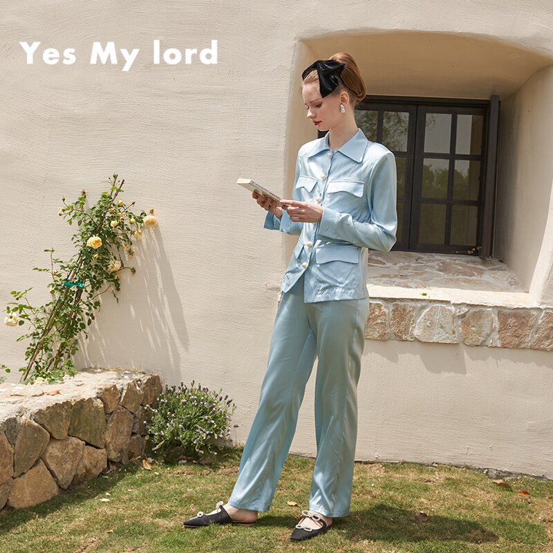 YesMyLord真丝睡衣可外穿桑蚕丝家居服天蓝色两件套少女蚕丝法式