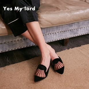 气质外穿中跟女鞋 拖鞋 时尚 YesMyLord丝绒尖头穆勒鞋 百搭复古原创