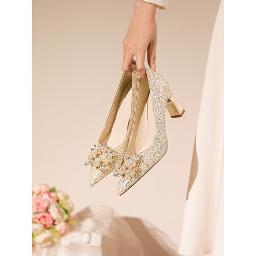 香槟色绝美水晶成年礼服高跟鞋女婚鞋新娘鞋粗跟订婚配婚纱不累脚