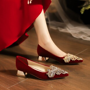 法式婚鞋女粗跟尖头伴娘鞋不累脚新娘鞋女2025新款主婚纱孕妇单鞋