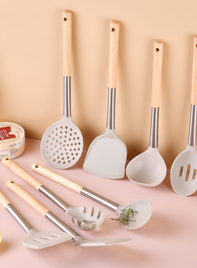 橡木柄不粘锅硅胶厨具烹饪铲勺厨房工具炒菜锅铲汤勺kitchen sets