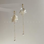 白色花瓣耳饰蚊香盘耳夹无耳洞长流苏适合夏天 贝壳诗 长款 耳环