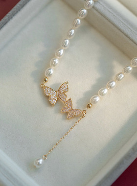 天然淡水珍珠项链配饰女秋冬轻奢小众锁骨链高级感蝴蝶颈链饰品
