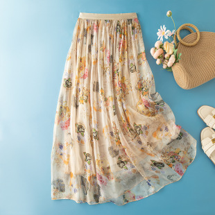 复古桑蚕丝美爆了 弹力松紧半身裙桑蚕丝松紧带裙 立体国风印花