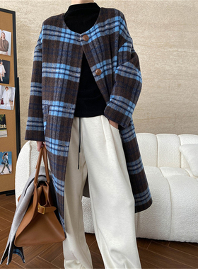 两面穿复古蓝色格纹围巾羊毛双面呢大衣小众设计感秋冬外套2025新