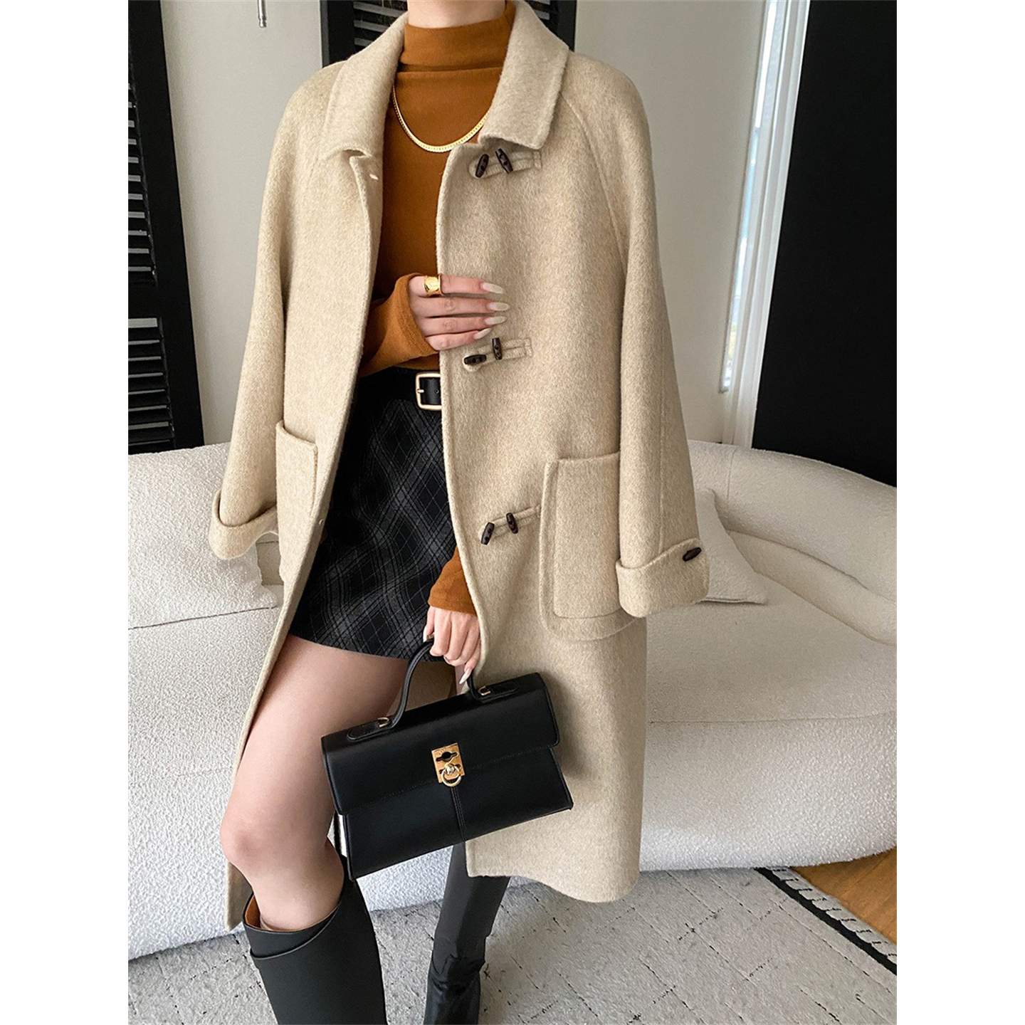 极简风双面羊毛呢大衣中长款