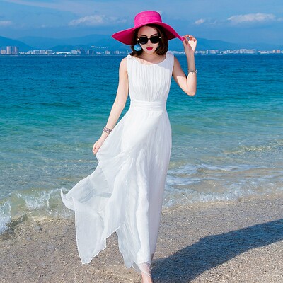 高端桑蚕丝无袖高腰白色度假长裙
