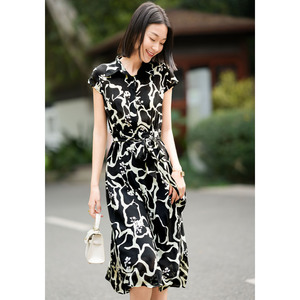 真丝桑蚕丝连衣裙女轻奢感气质时尚印花短袖收腰中长款衬衫裙