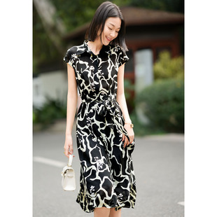 真丝桑蚕丝连衣裙女轻奢感气质时尚 收腰中长款 衬衫 裙 印花短袖